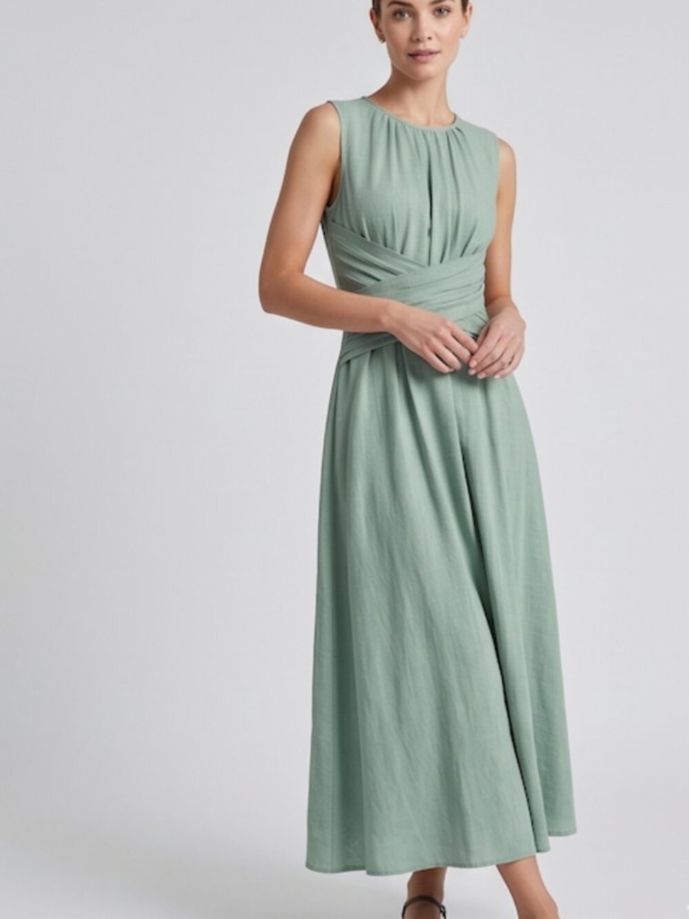 Boho Sage Green Sleeveless Crinkle Midi Dress with Criss-Cross Waist